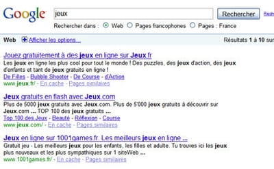 résultats de google pour la requête 'jeux' 