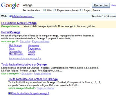 résultats de google pour la requête 'orange' 