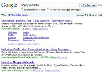 résultats de google pour la requête 'mappy michelin'