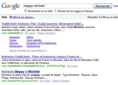 résultats de google pour la requête 'mappy michelin' 