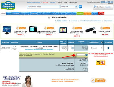 ce cyber-marchand propose de rentrer un code de réduction avant la validation du