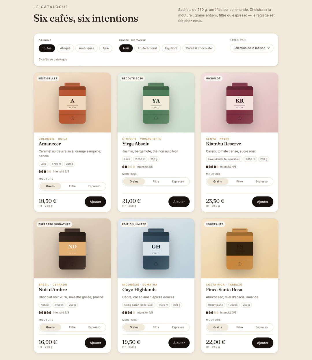 Catalogue Ambre Roasters générée par Claude Code