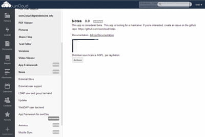 l'interface d'owncloud donne accès aux fichiers ainsi qu'aux applications