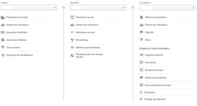 nouvelle interface d'administration, en trois colonnes dans google analytics.
