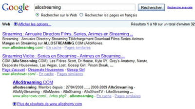 résultats de google pour la requête 'allostreaming'