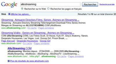 résultats de google pour la requête 'allostreaming' 
