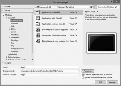 figure 2.4 - les modèles de projets disponibles pour les applications windows 8