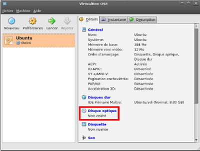sélection de la source d'installation - virtualbox