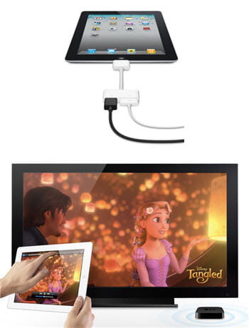 en haut, la double connectique av / dvi de l'ipad, en bas la diffusion vidéo via