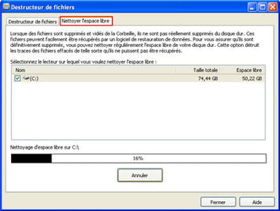 l'outil nettoyage de disque de l'option destructeur de fichiers de glary