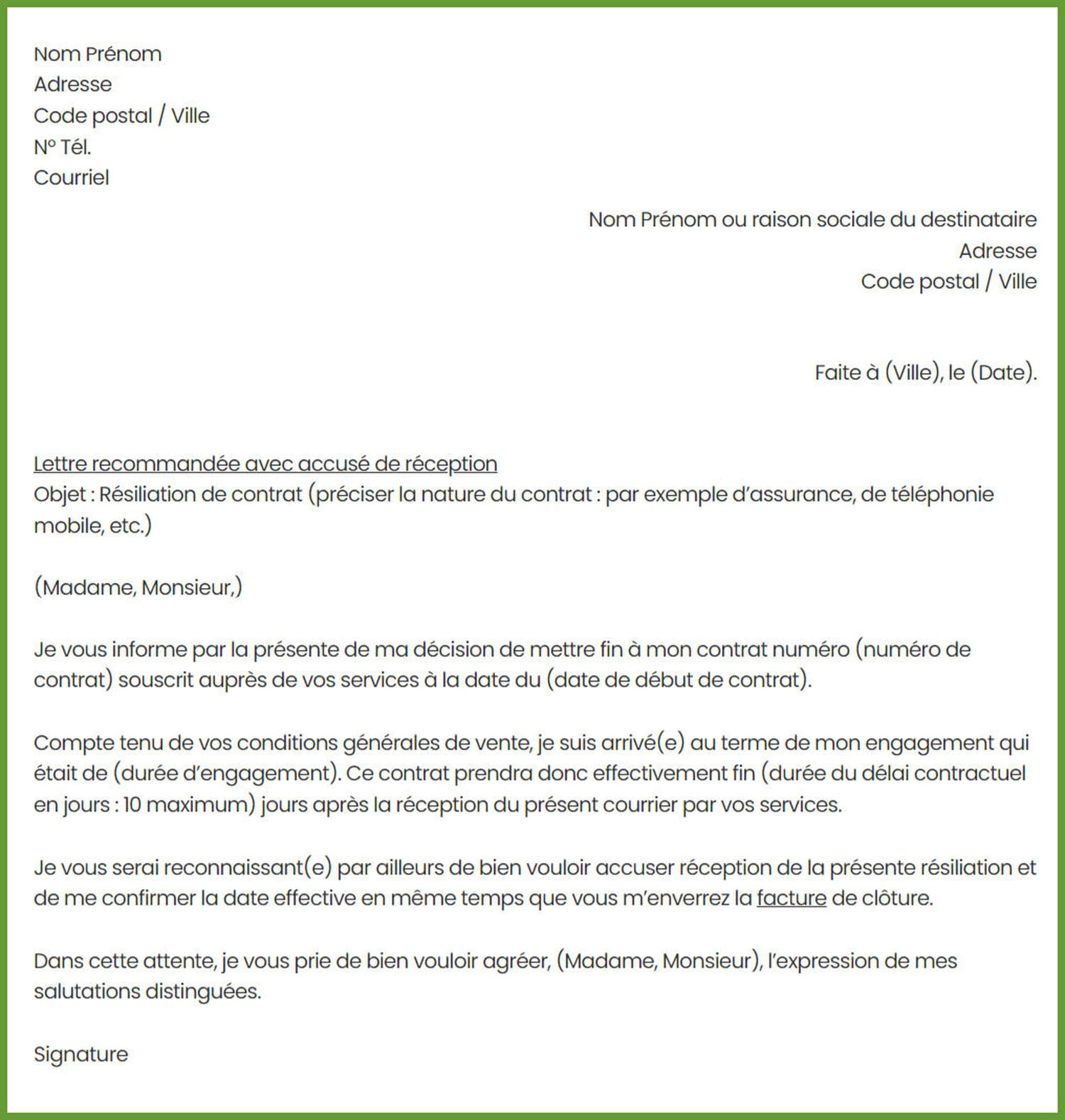 Lettre De R siliation De Contrat Mod le Gratuit De Lettre