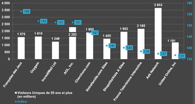 a quels sites profite le temps passé par les séniors en ligne ? en bleu,