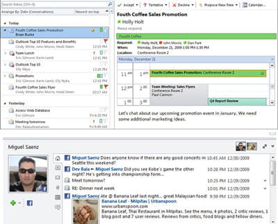 en haut, la gestion bien pratique du calendrier par outlook, en bas