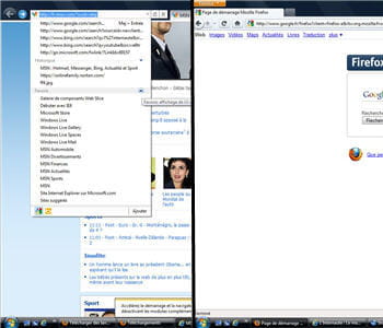 a gauche, la barre d'adresse et de navigation d'internet explorer 9, à droite