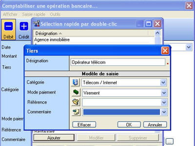 le menu pour ajouter des tiers ou des catégories d'opérations, très vite