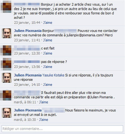 exemple de dialogue entre un client et un community manager de pixmania sur la