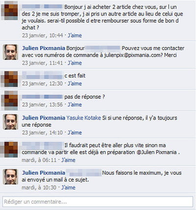 exemple de dialogue entre un client et un community manager de pixmania sur la