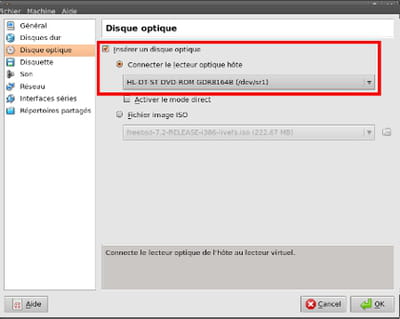 sélection de la source - virtualbox