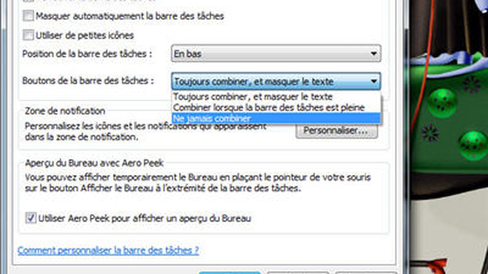 Combiner dans la barre des tâches