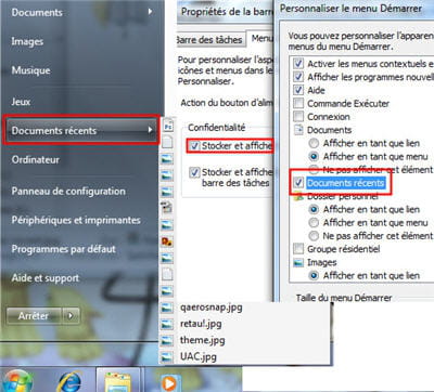pour qu'un dossier : mes documents récents, avec les derniers fichiers lus,